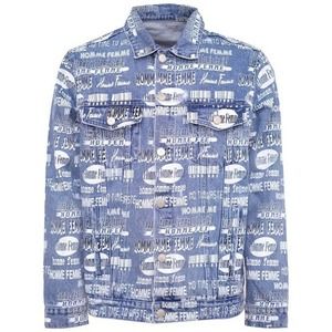 Homme + Femme Men's All Over Logo Print Button Front Denim Jacket in Blue